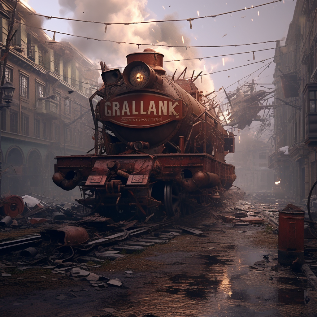 Un'allucinazione algoritmica di Midjourney mostra una potenziale versione steampunk di Crash con le locomotive scassate al posto delle auto.